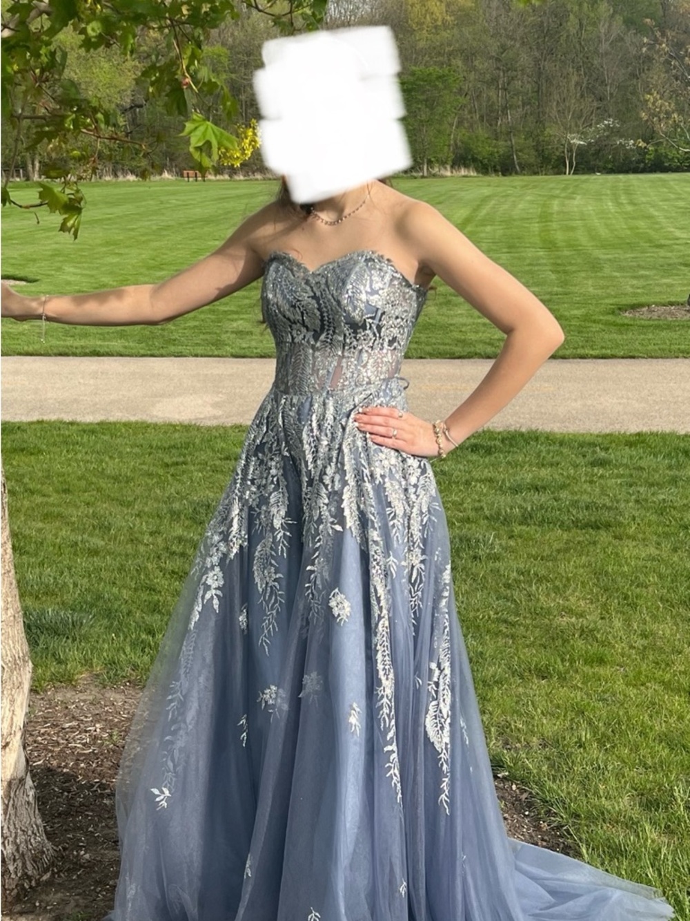 Sherri Hill Strapless Sweetheart Gown in Dusty Blue with Silver Embroidery
